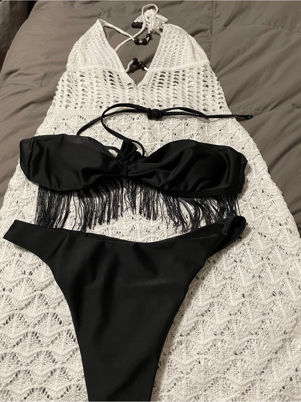 New 2 pc swim bathing suit size L Black Fringe Women’s Bikini/crochet cover up